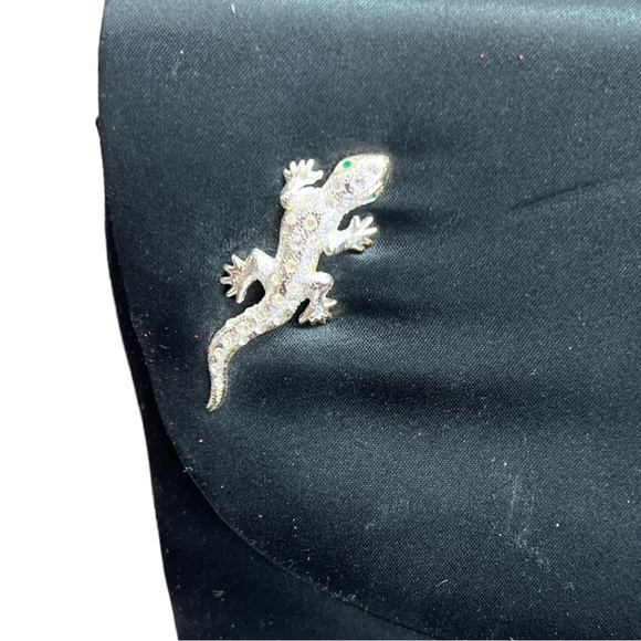 Carolee Black Satin Evening Bag Purse with Silver Lizard Handbag Clutch - Picture 2 of 5